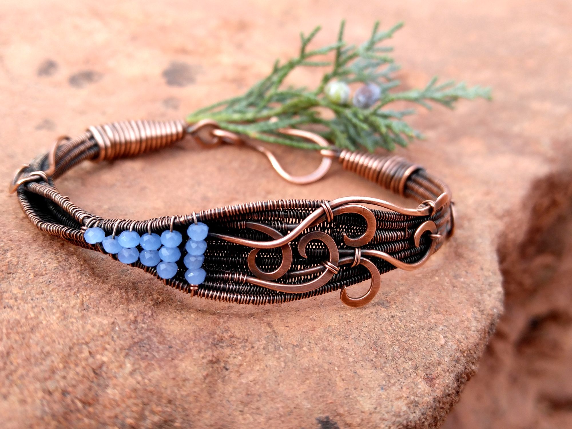 Handcrafted copper wirework bracelet. Design by Sarah Thompson. Crafted by Wendi Reamy