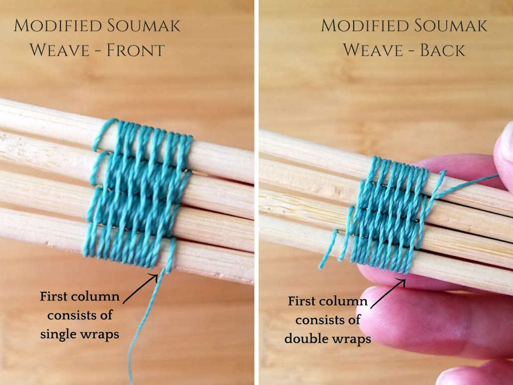 This image shows the difference in the weave pattern as viewed on the front versus the back. The pattern of the weave shifts by 1/2 of the weave pattern, which consists of one upward pass and one downward pass. 