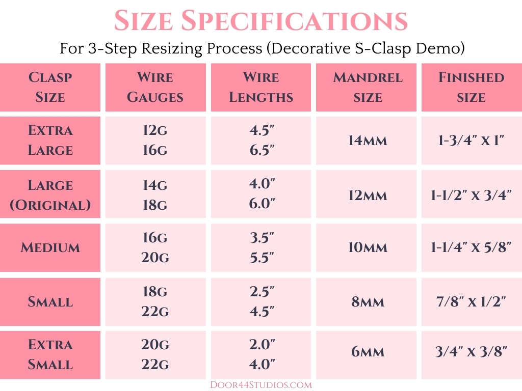 This reference chart contains all the specifications that I used to resize a popular wire weaving pattern.